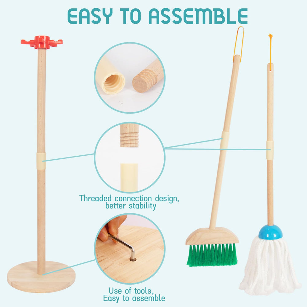 WoodenEdu Kids Cleaning Duster with natural wood details for imaginative dusting play.