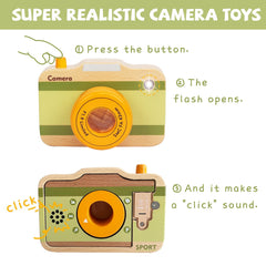 WoodenEdu wooden mini camera lens closeup highlights kid-friendly detailing and safe tactile wood.