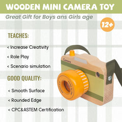 WoodenEdu wooden mini camera neck-hanging design supports on-the-go pretend play.
