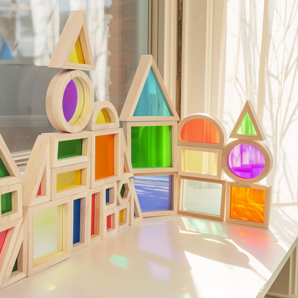 WOODENFUN rainbow set supports early math concepts and spatial awareness in kids.