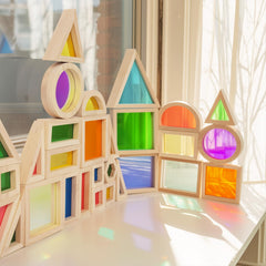 WOODENFUN rainbow set supports early math concepts and spatial awareness in kids.