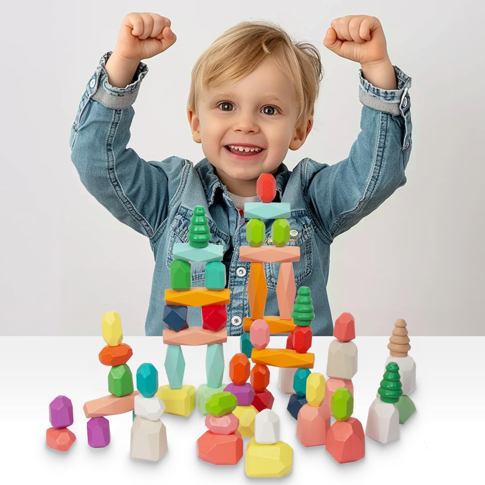 WOODENFUN family playing with stacking stones during a collaborative session.