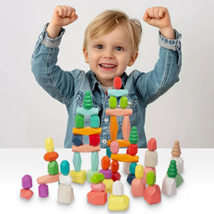 WOODENFUN family playing with stacking stones during a collaborative session.
