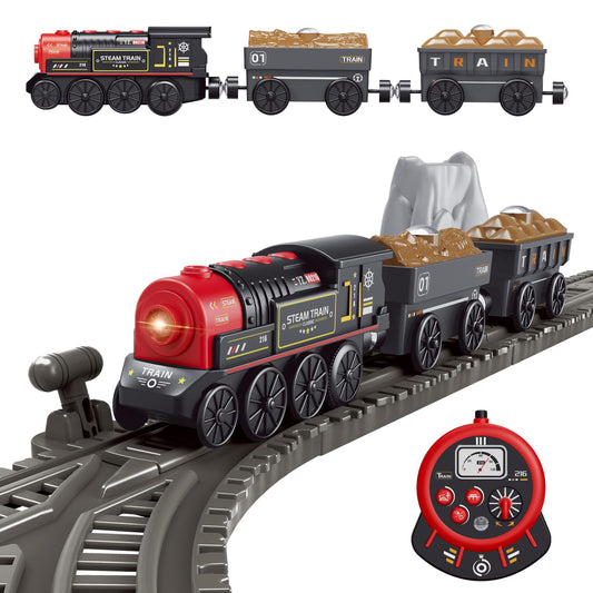 WOODENFUN motorized train in forward motion with bright front lights for immersive play.