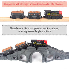 WOODENFUN motorized train shows magnetic carriages linking for easy setup.