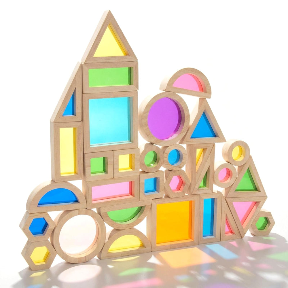 WOODENFUN Rainbow Blocks Set with 32 pieces for imaginative stacking play and color discovery.