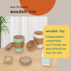 WOODENFUN sugar packet enhances realistic coffee setup and counting practice.