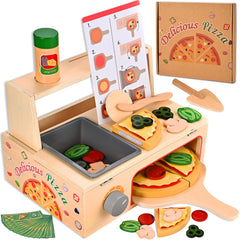 Wooderma pizza toy oven with spinning buttons for realistic pretend baking.
