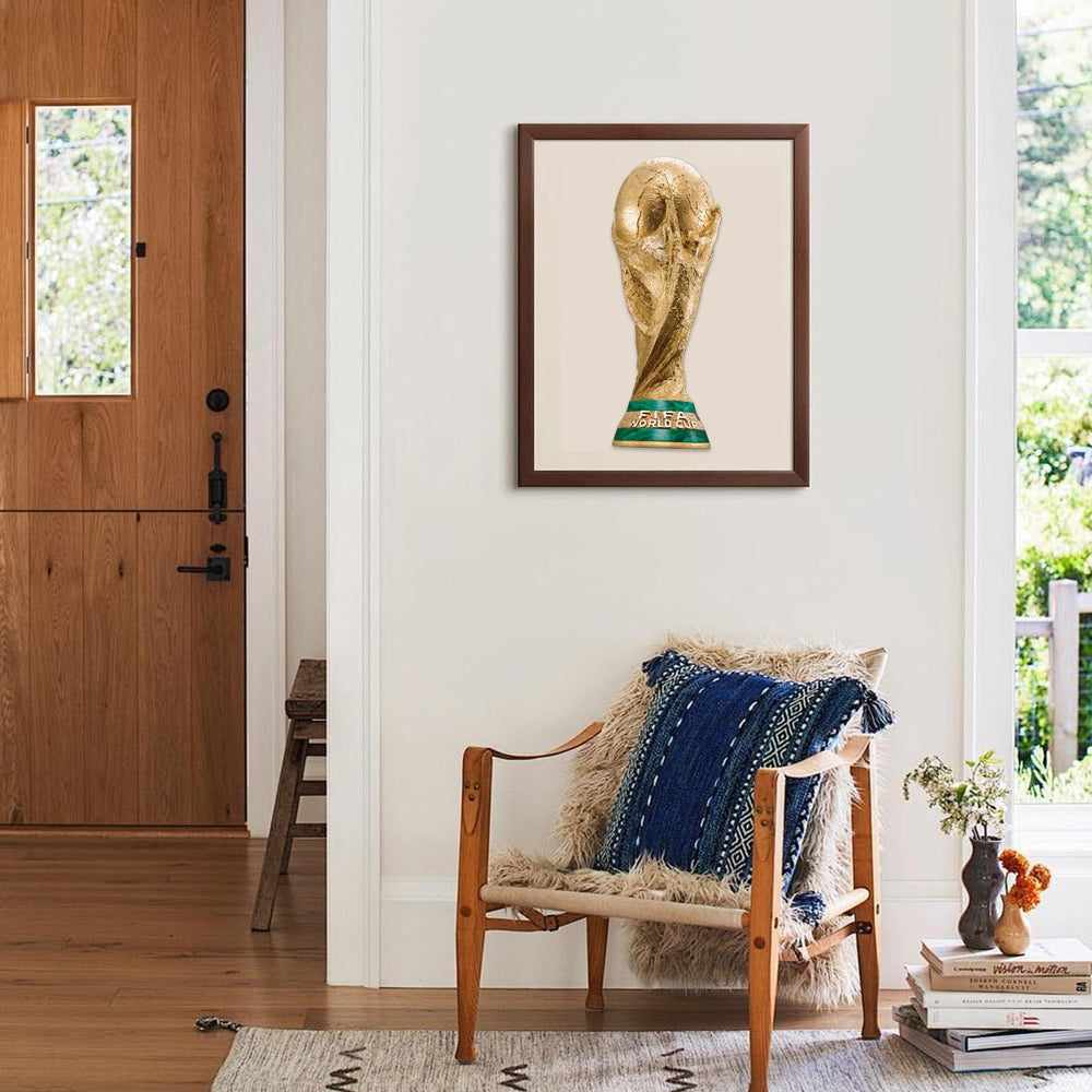 WoodLux trophy engraving close-up showing iconic World Cup details.