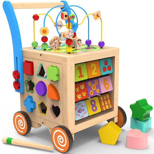 WOODMAM 9-in-1 wooden activity cube front view highlighting learning panels.