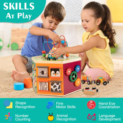 Woodmam bead maze on the cube challenges hand-eye coordination and focus.