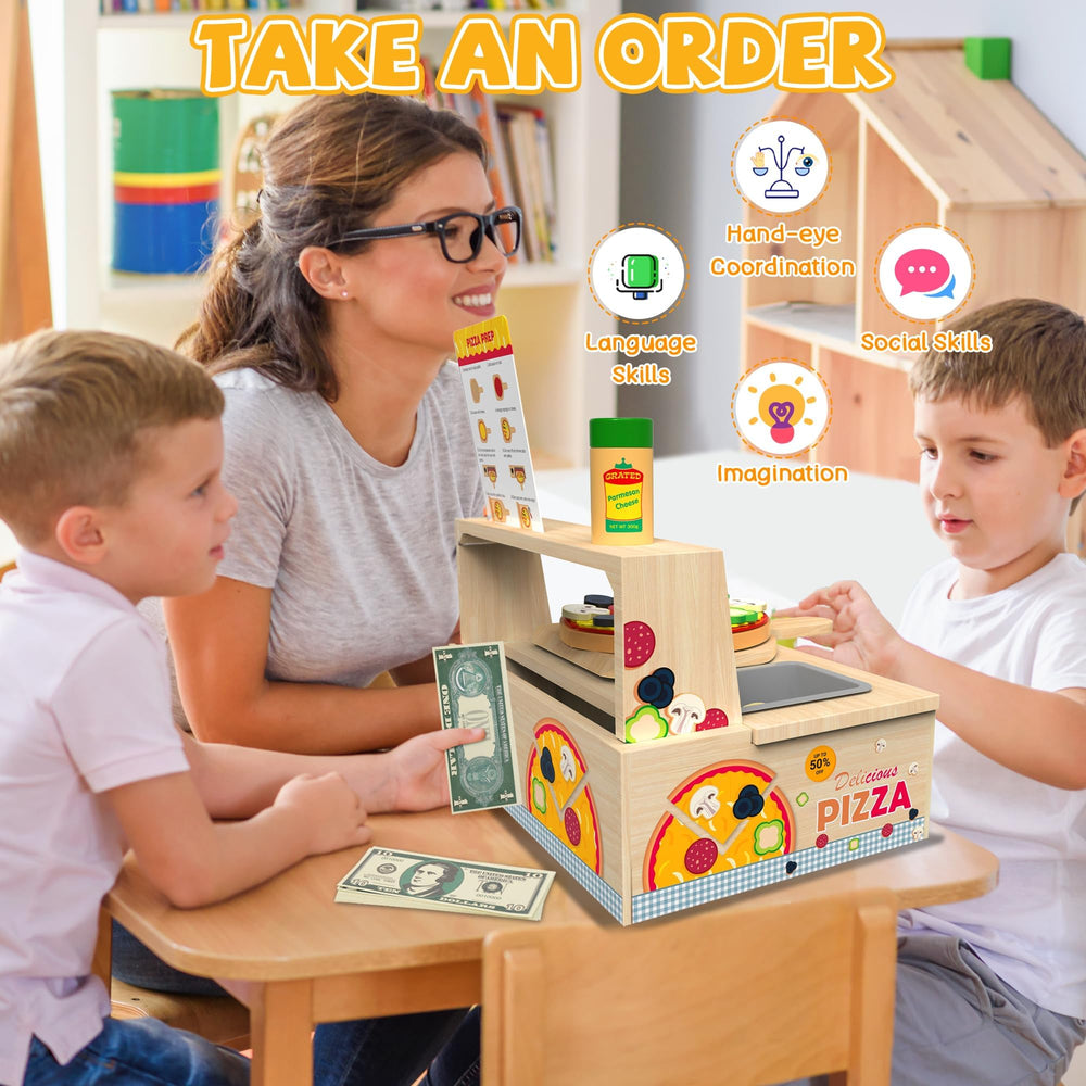 WOODMAM child playing pizza chef encourages imaginative stories and fine motor skills.