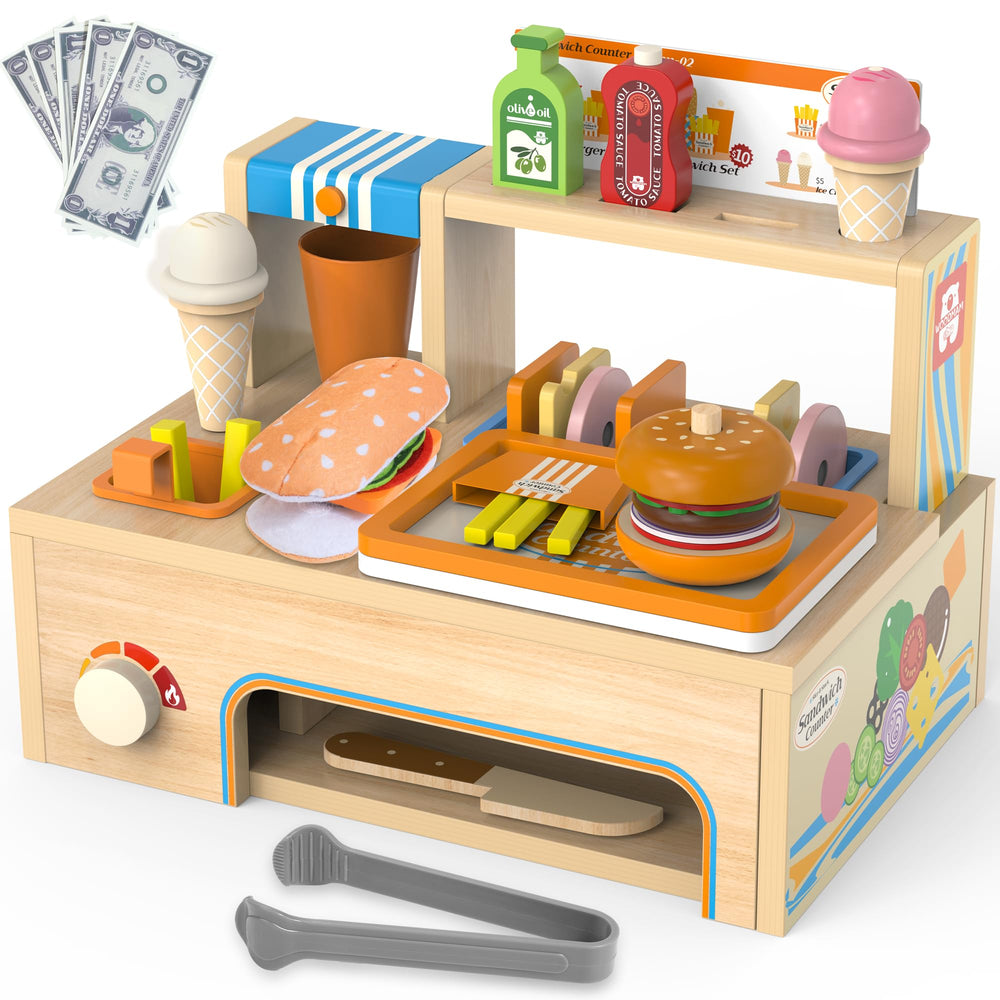 WOODMAM wooden fries and condiments support sharing and role-play.