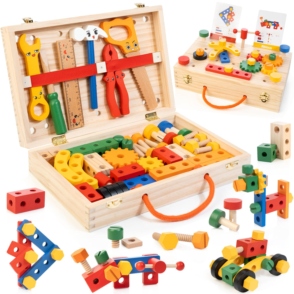 WOODMAM kids tool set with box and flash cards for imaginative play