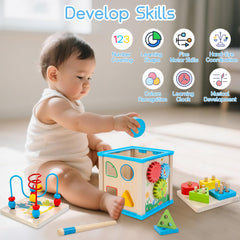 Woodmam spinning gears engage problem-solving and spatial awareness during play.