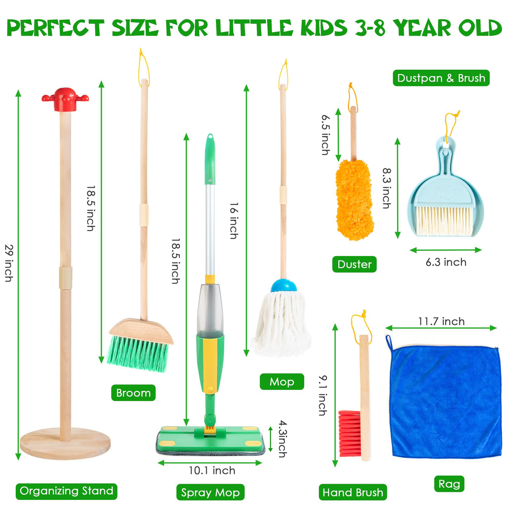 WOODMAM wooden kids cleaning set broom demonstrates safe role-play cleaning for children.