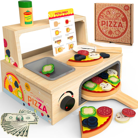 WOODMAM wooden pizza playset oven shows rotating control for interactive pretend cooking.