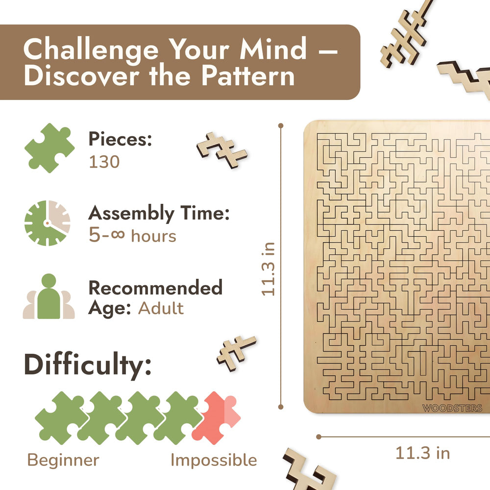 WOODSTERS Mind Bending Puzzle pieces close-up shows uniform edges for a true challenge.