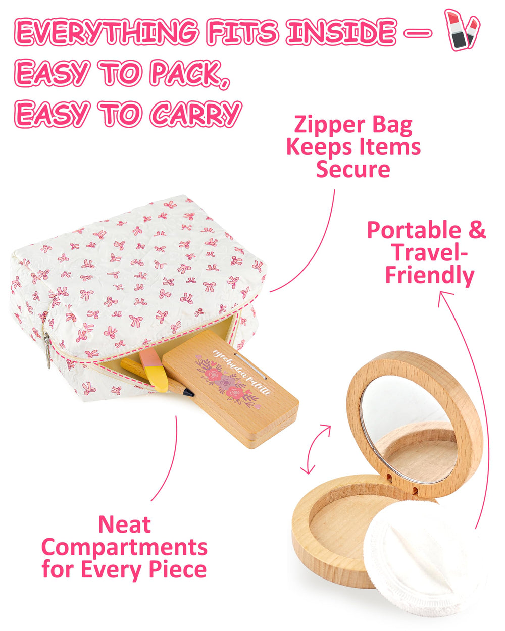 WoodsyJoy cosmetic bag keeps pieces organized during on-the-go pretend play.