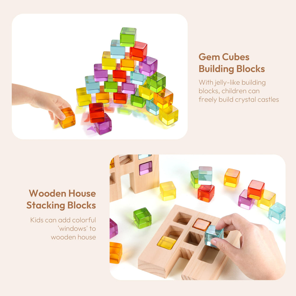 Woodtoe transparent blocks refracting light during stacking play.