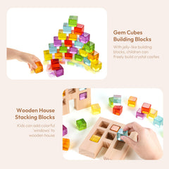 Woodtoe transparent blocks refracting light during stacking play.