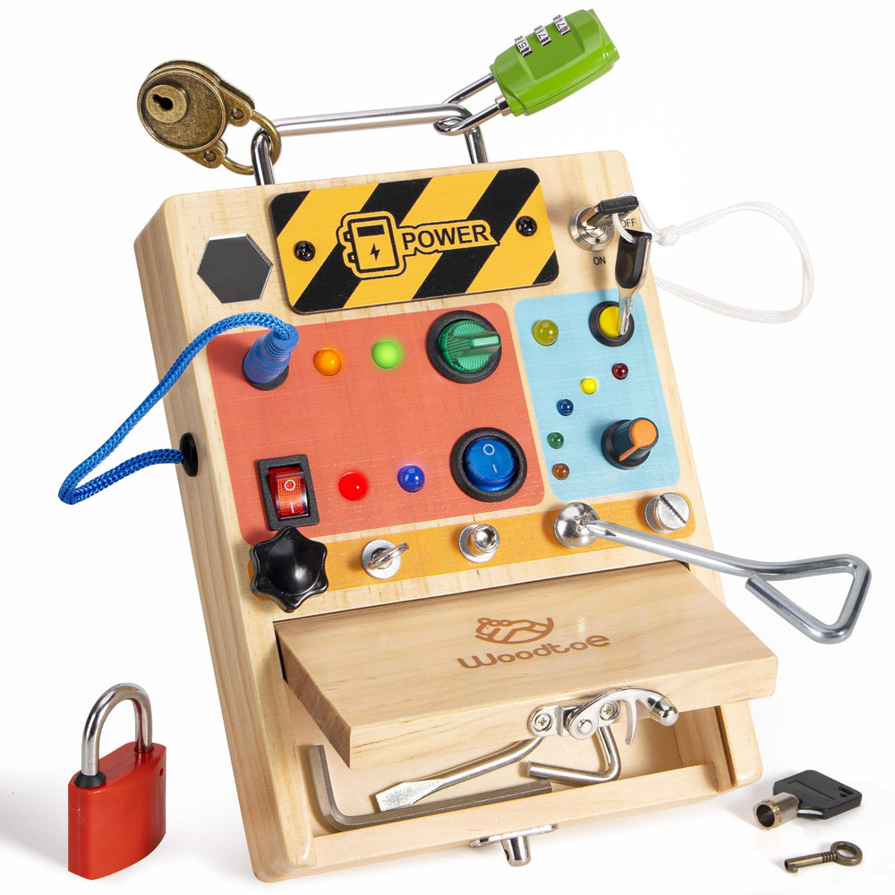 Woodtoe Busy Board with LED switch promotes fine motor skills through play