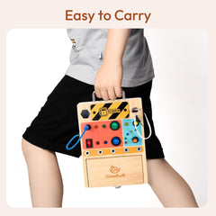 Woodtoe Busy Board lock and key set encourages problem solving and concentration