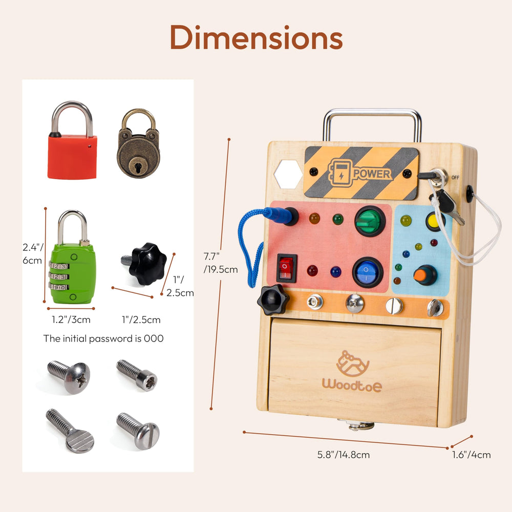 Woodtoe Busy Board bright LEDs engage kids with safe, illuminated interactions