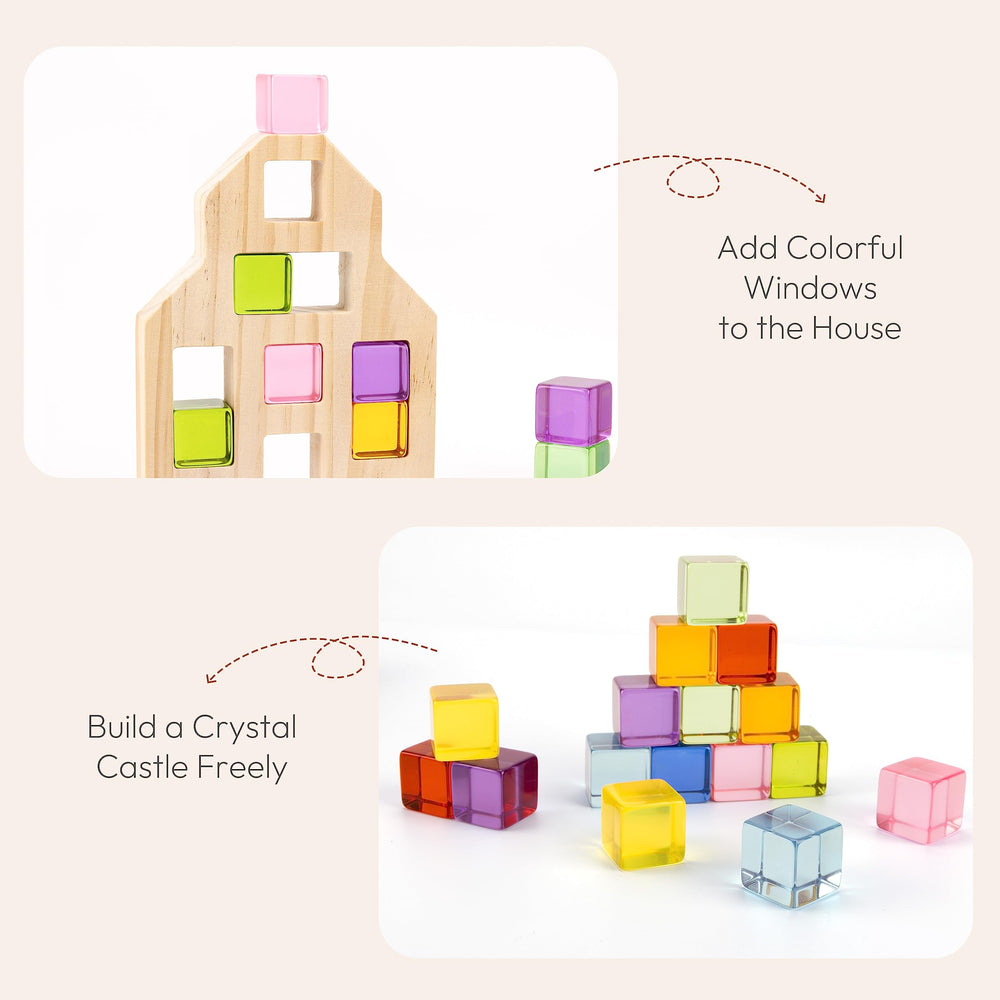 Woodtoe Montessori stacking game encourages fine motor skills with colorful interlocking blocks.