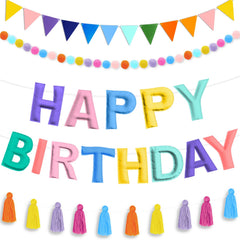 Woonnuk pastel felt birthday banner for a soft, reusable backdrop.