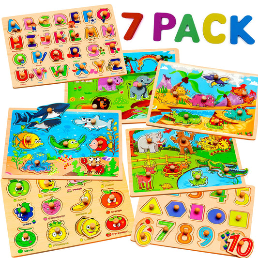 WOOODLIFY seven-pack wooden puzzles for toddlers encouraging hands-on play and problem solving