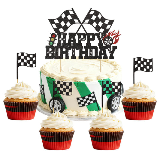 Wootkey glitter race car topper on cake adds festive sparkle and racing theme clarity.