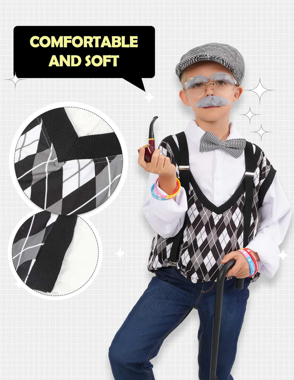 WooWee old-man-costume-moustache completes a believable grandpa persona.