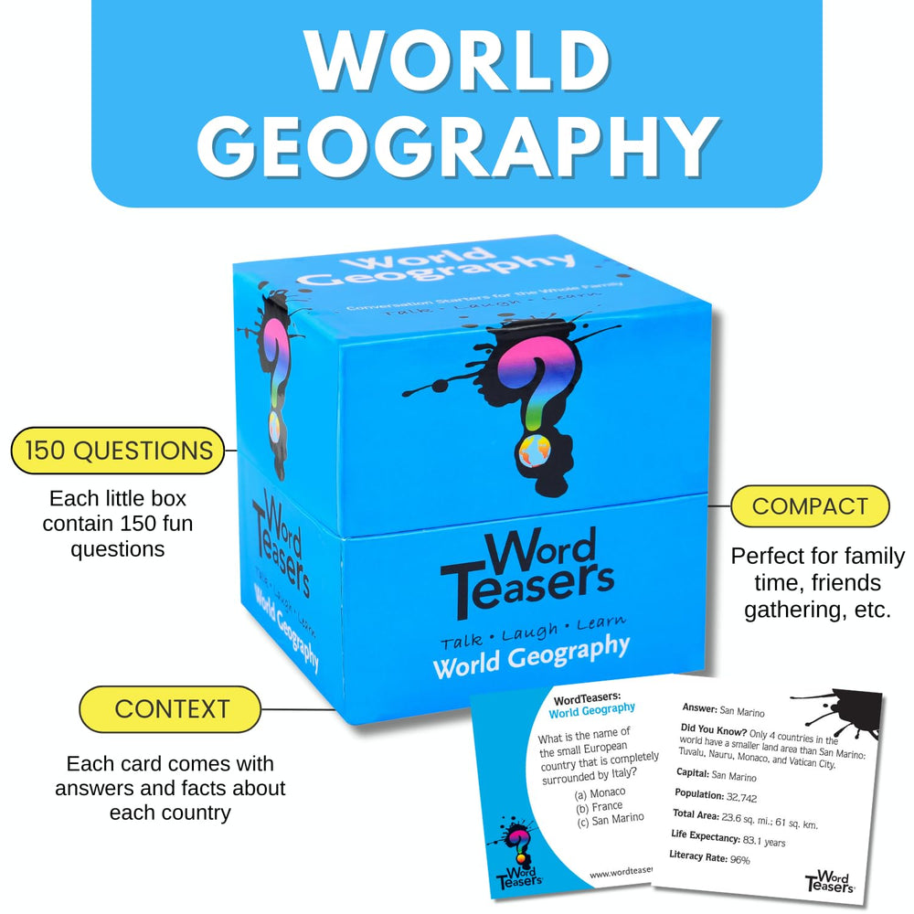 Word Teasers World Geography card 3 highlighting location coordinates for map skills practice