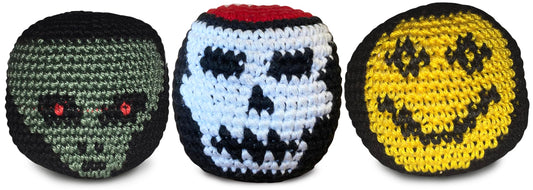 World Footbag Faces Footbag 3 Pack front view with colorful crochet design for beginners.
