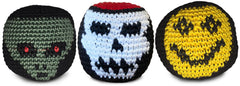 World Footbag Faces Footbag 3 Pack front view with colorful crochet design for beginners.