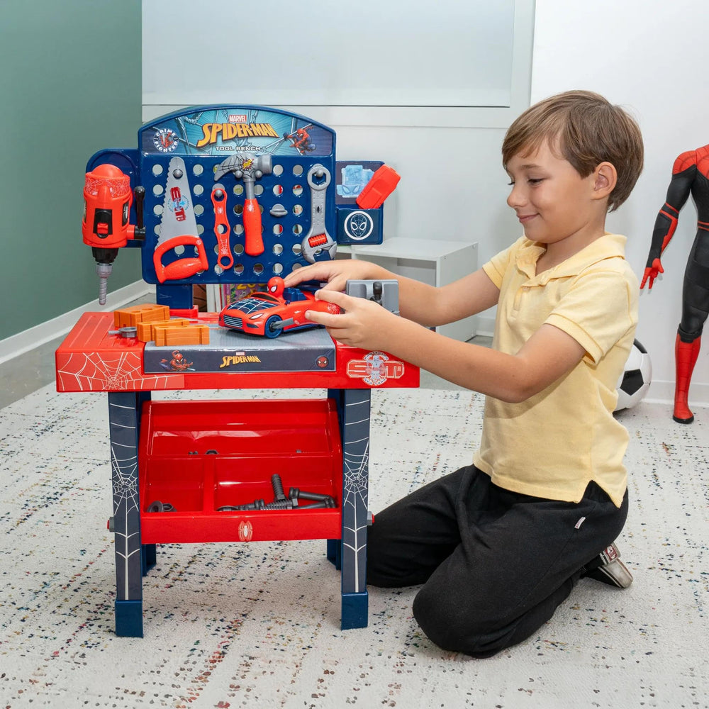 World Tech Toys Spider-Man bench set workshop area fosters fine motor skills through pretend repairs.