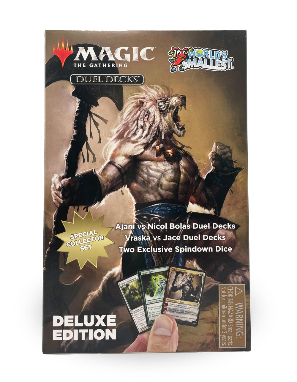 World's Smallest Magic Ajani vs Nicol Bolas duel deck close-up, great for on-the-go battles