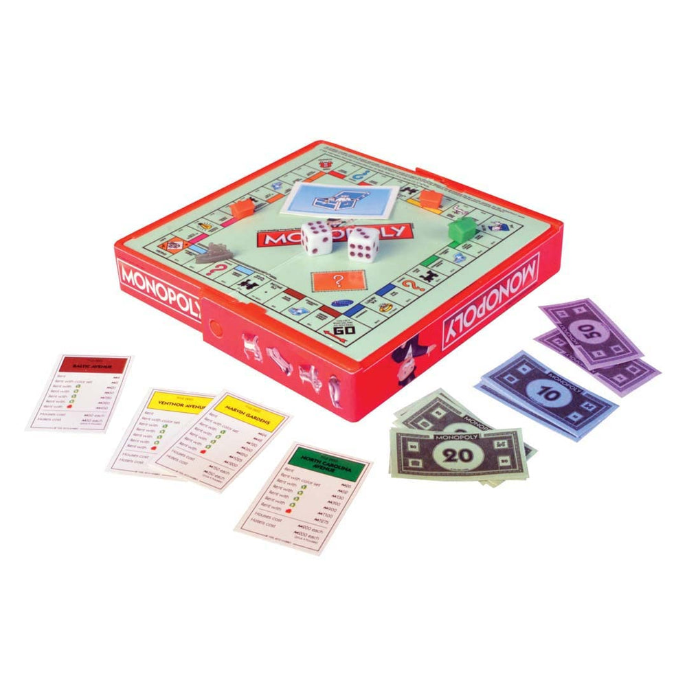 World's Smallest Monopoly dice and tokens promote compact multi-player fun.