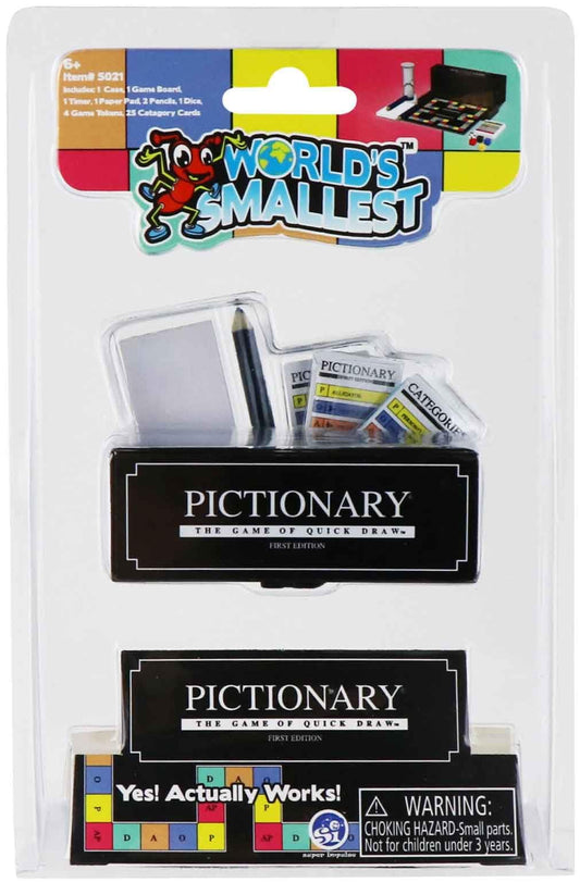 World's Smallest Pictionary Game top view highlights a compact, portable setup for travel fun
