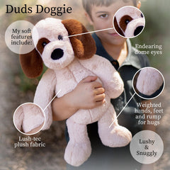 World's Softest Duds Doggie in a snuggle pose signals the ideal cuddle buddy for kids.