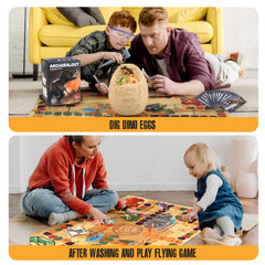 Safety glasses protect eyes while kids explore the egg's surface and tools.