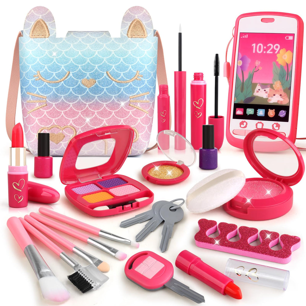Woumserta mermaid makeup set with bag open for imaginative play.