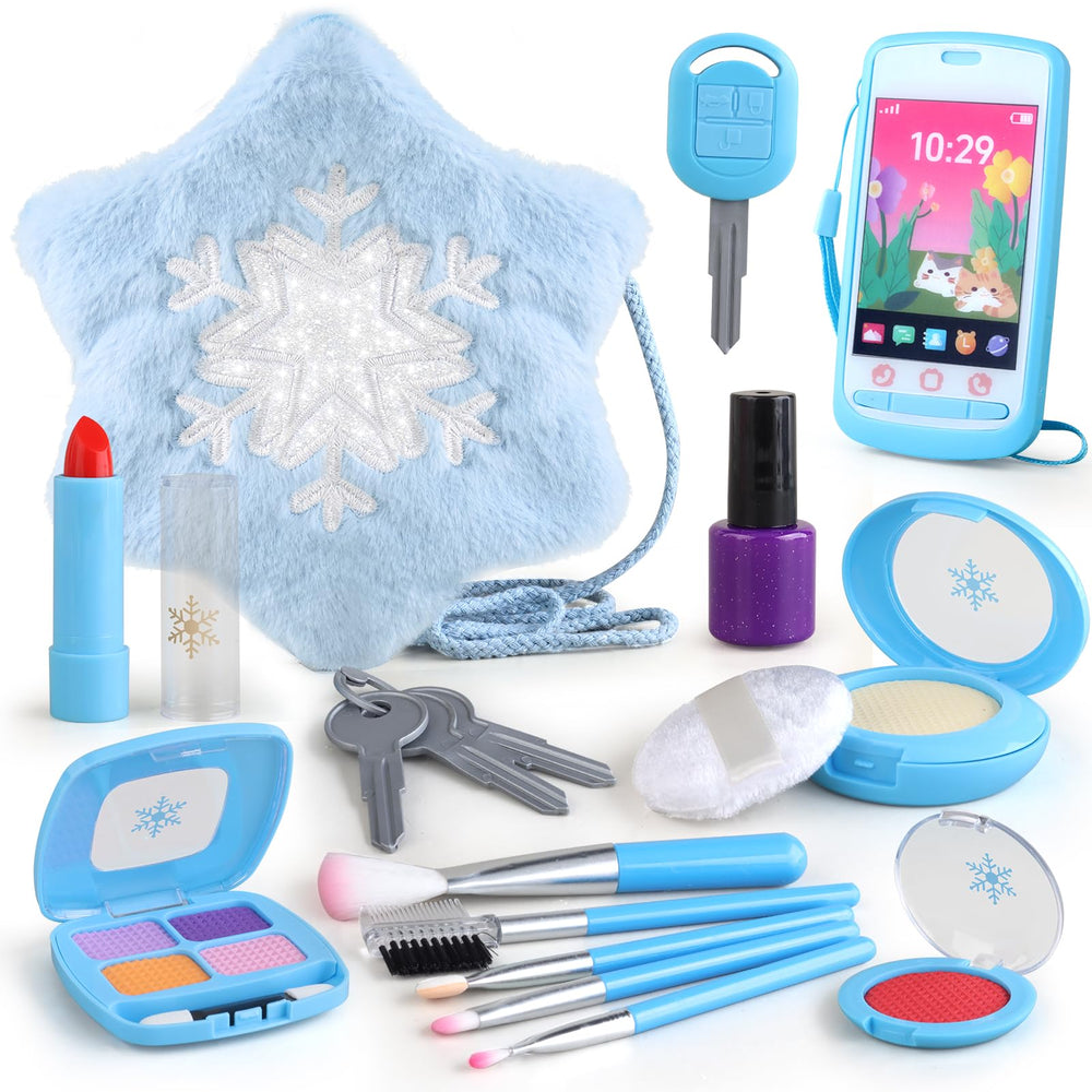 Woumserta blue toddler makeup purse for safe pretend play and easy cleanup.