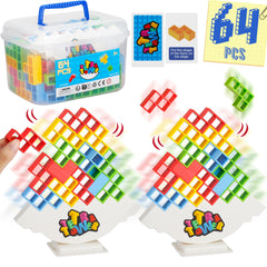 WOWNOVA Tetra Tower 64pcs stacked blocks promote family play and coordination.