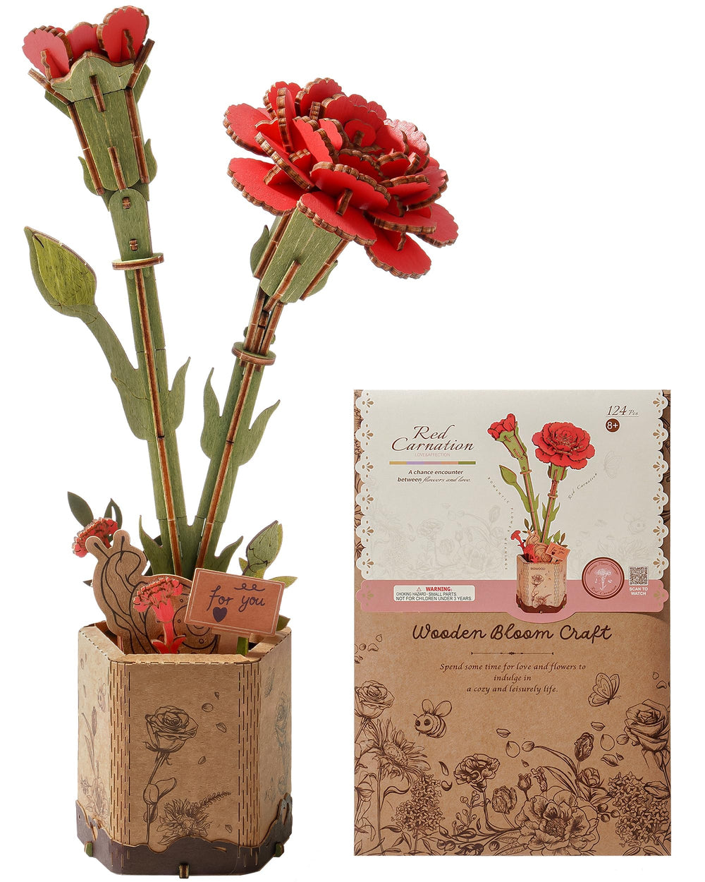 Wowood 3D puzzle: red carnation for adults, mindful crafting and decoration