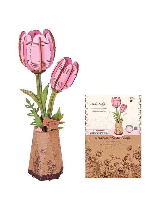 Wowood pink tulip 3D puzzle assembly highlighting detailed petals for decorative display