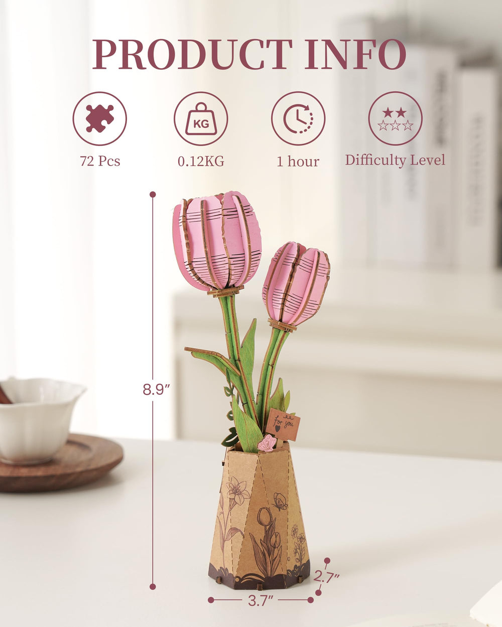 Wowood pink tulip puzzle complete display highlights decorative wooden bloom