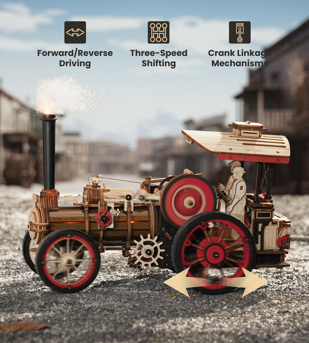 Wowood steam locomotive side view highlighting precise mechanical details for assembly