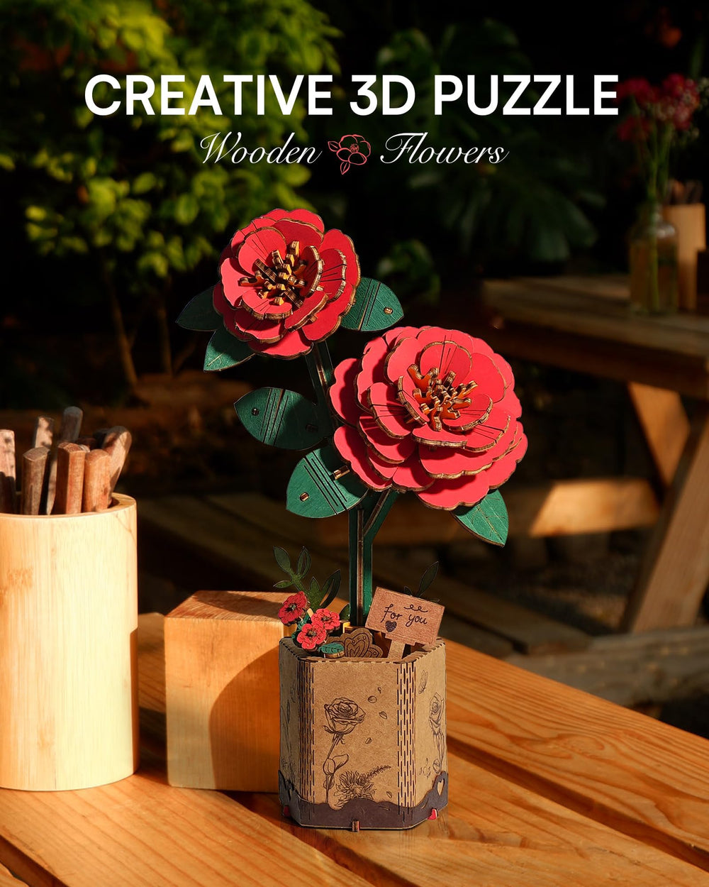 Wowood wooden flower Camellia kit emphasizes tactile building for relaxation.